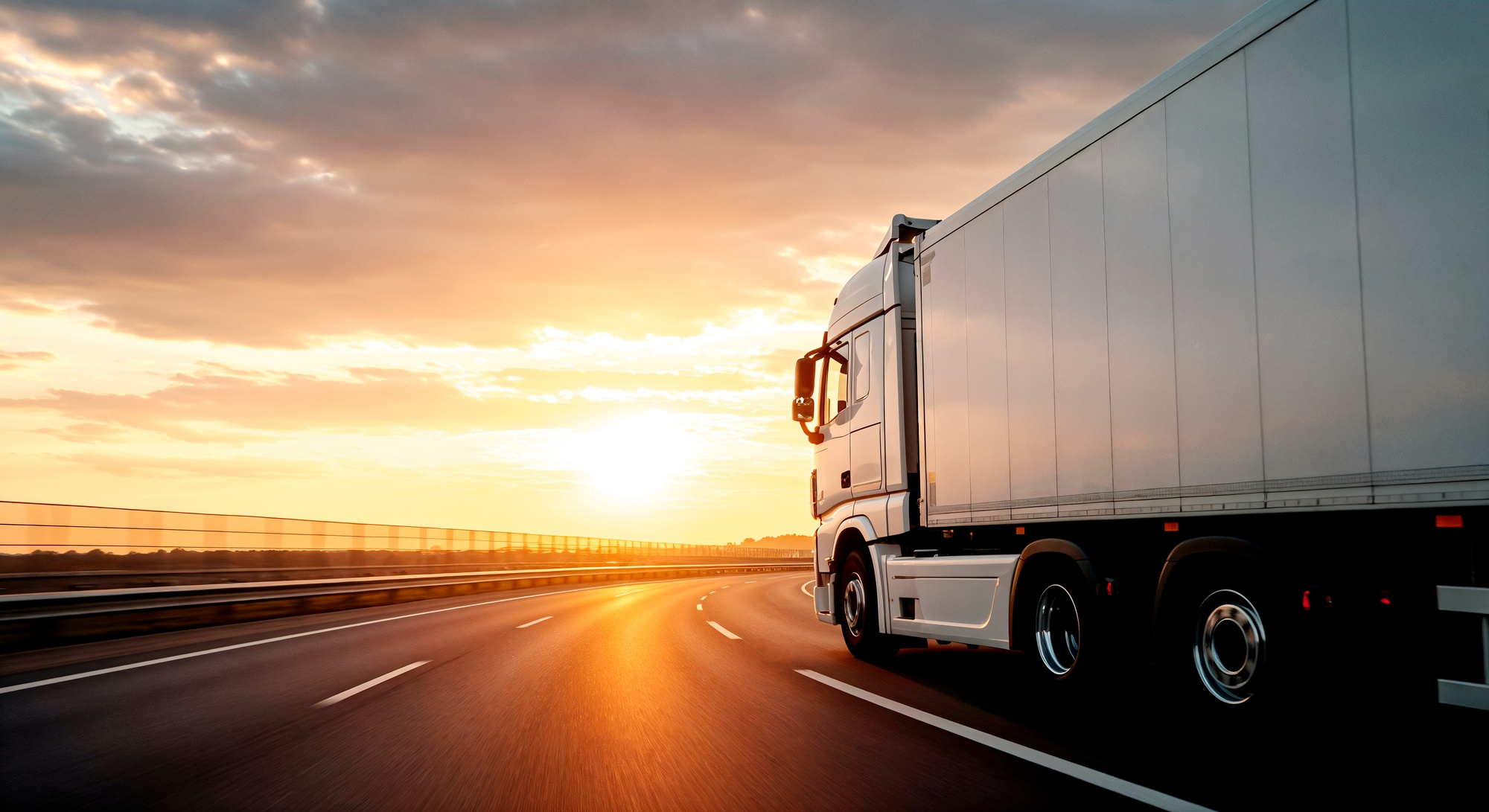 Naczepa jadąca autostradą o zachodzie słońca.