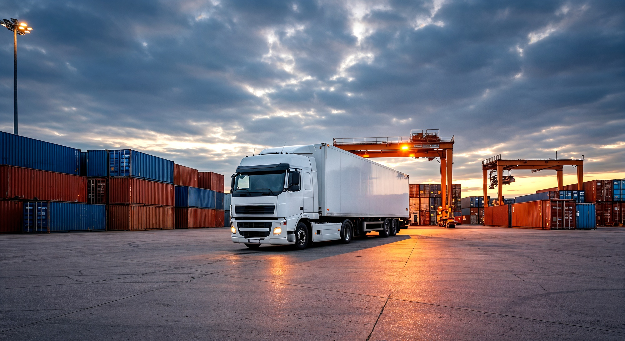Truck at a container terminal under a dramatic sunset sky.